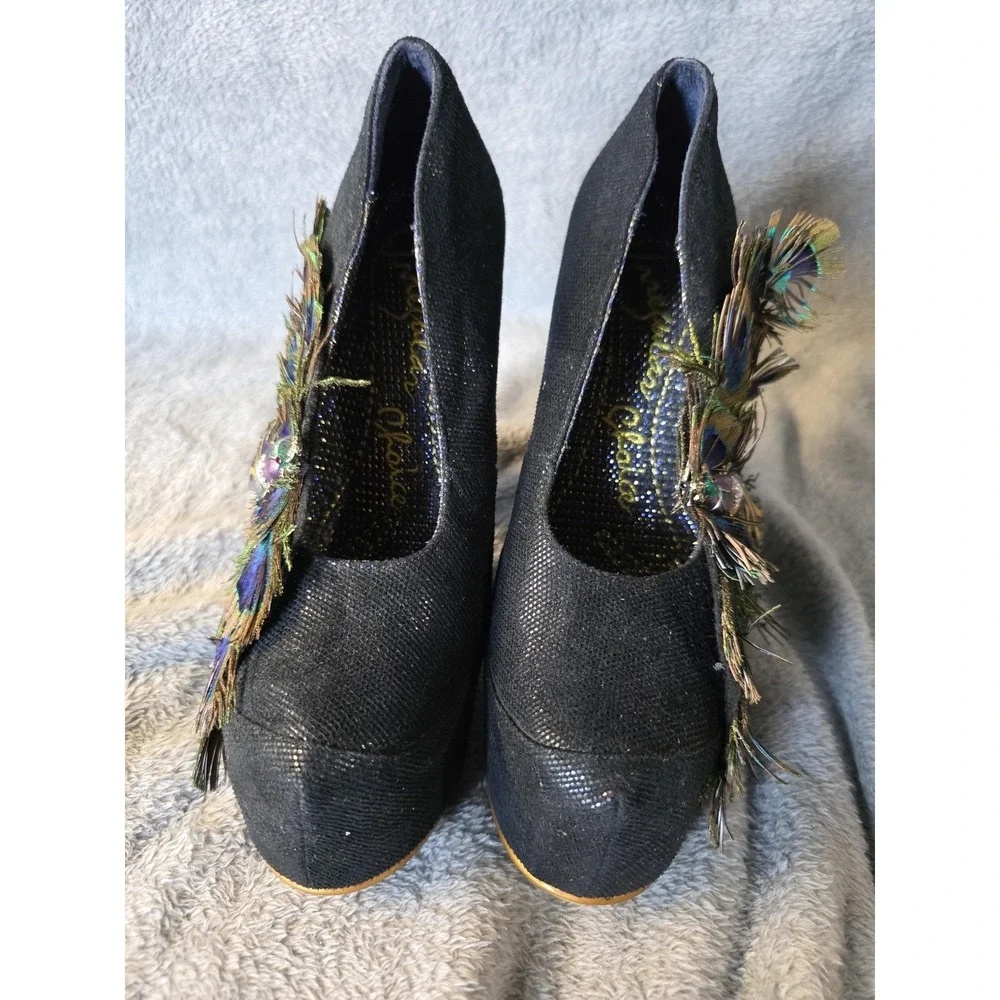 Irregular Choice Peacock Feather Wedge High Heel Platform Shoes Black 6.5